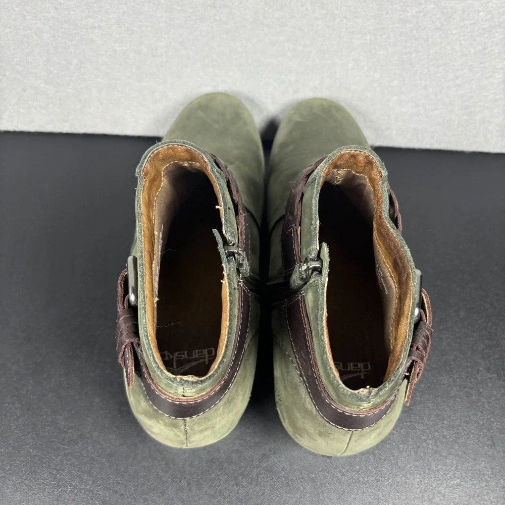 Dansko Michelle Green Nubuck Leather Ankle Booties Boots EU 38 US 7/7.5 Side Zip